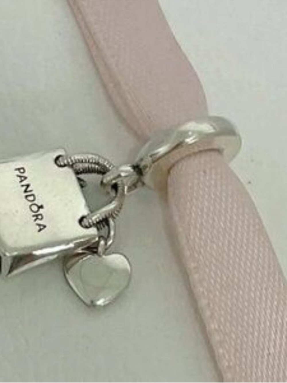 Pandora Blush Pink Fabric Bracelet with Silver Bag and Heart Charms